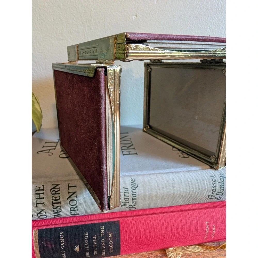 Vintage Mid Century Brass Toned Triptych Hinged Picture Frame Floral Embossed